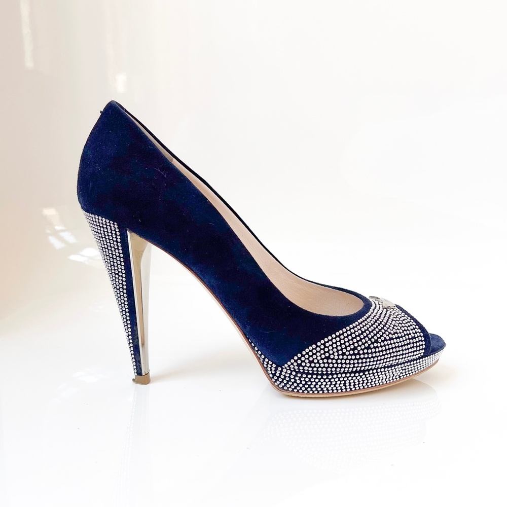 Essere Made in Italy High Heel Peep Toe Suede Pumps Studded Blue Silver 39